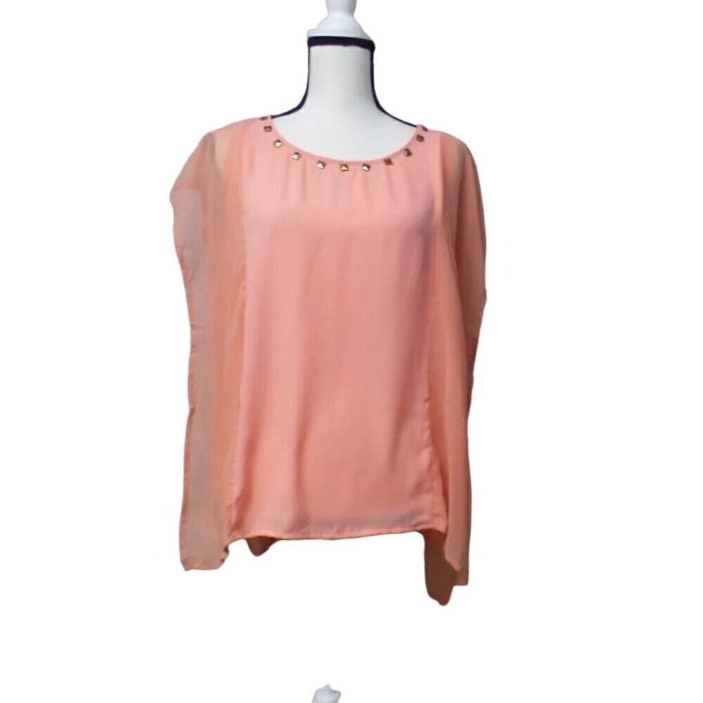 Blu Pepper Studded Short Sleeve Poncho Top, Peach, M